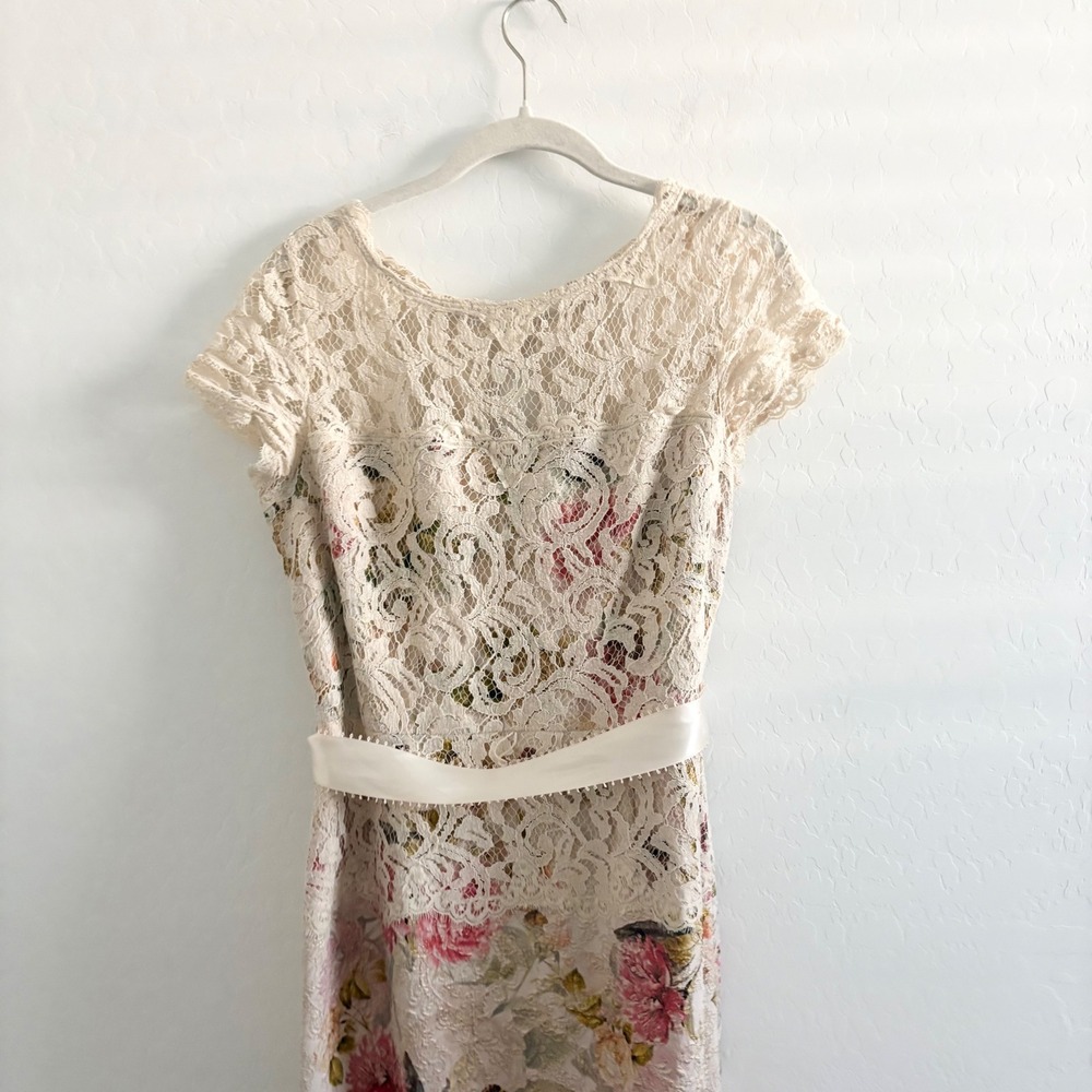 Adrianna Papell Floral Lace Maxi Dress Ivory Pink Cap Sleeve Formal Gown Size 8 - Picture 9 of 10
